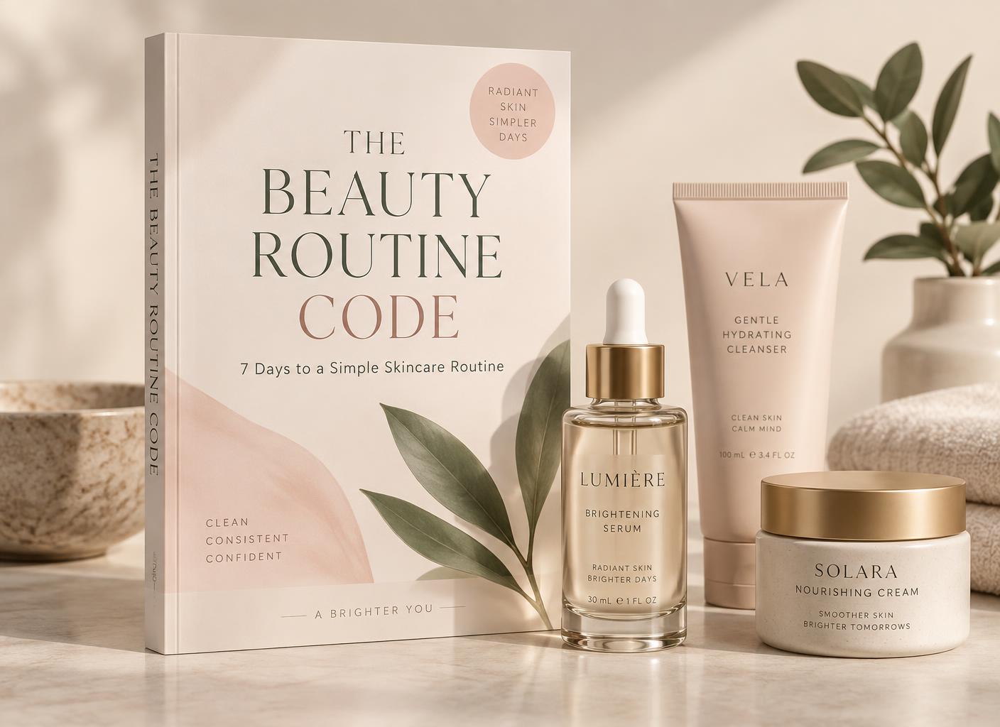 The Beauty Routine Code ebook displayed beside premium skincare products
