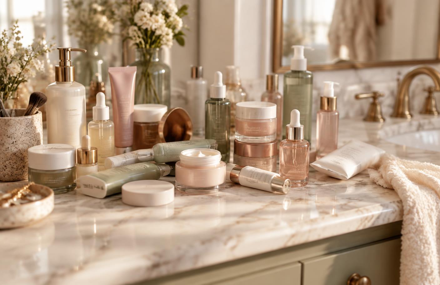 A disorganized collection of skincare products spread across a vanity