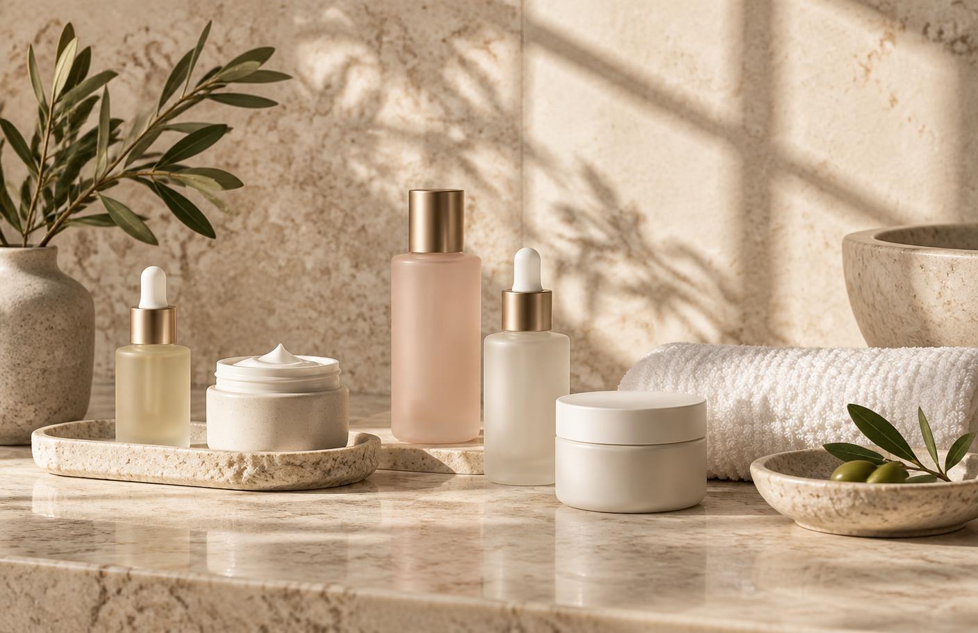 An organized collection of skincare products on a stone vanity